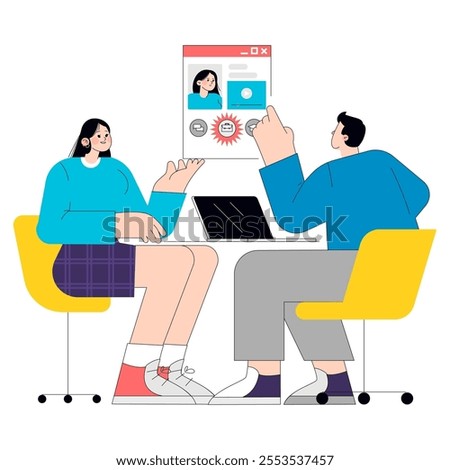 Modern job interview concept. A confident young woman in a casual outfit presents her digital resume to a potential employer. Seamless recruitment process illustration. Vector illustration.