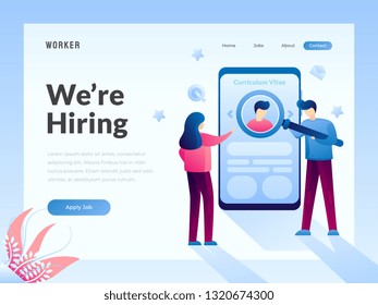 Modern Job search for employee. Portfolio and experience, job search and qualification concept. We are hiring banner. Concept of website design with vector flat illustration