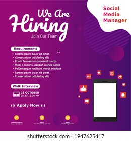 Modern job vacancy square web banner for social media post mobile apps. Hiring job template for social media manager