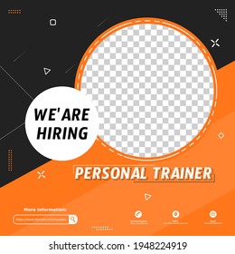 Modern job vacancy square web banner for social media post mobile apps. Hiring job template for Personal trainer, gym, body builder instructor