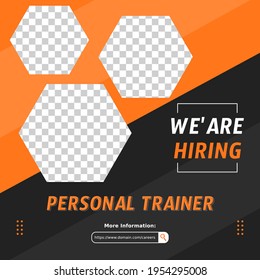 Modern Job Vacancy Square Web Banner For Social Media Post Mobile Apps. Hiring Job Template For Personal Trainer, Gym, Body Builder Instructor