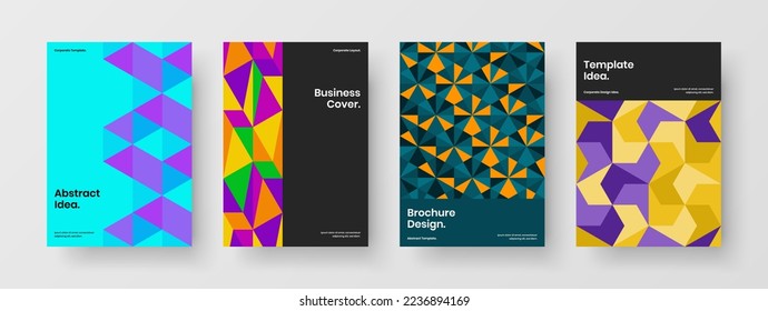 Modern journal cover A4 vector design illustration composition. Colorful mosaic hexagons booklet template collection.