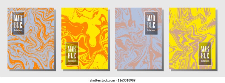 Modern journal layouts set. Backdrop for binder template, corporate flyers. Annual report cover memphis layouts set. Flyer, poster, report, journal orange, yellow, blue vectors, title place.