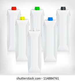 Modern juice or milk packages with 6 different color caps (red, green, blue, black, white, yellow).