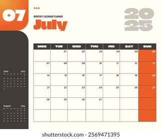 Modern July 2025 calendar planner template.  Ideal for scheduling and organization.