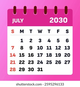 Modern July 2030 calendar. Perfect for vacation planning, tracking goals, and staying organized during summer