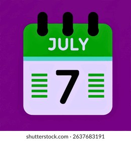 Modern July 7 calendar design. Use for planners.