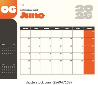 Modern June 2025 calendar planner template.  Ideal for scheduling and organization.