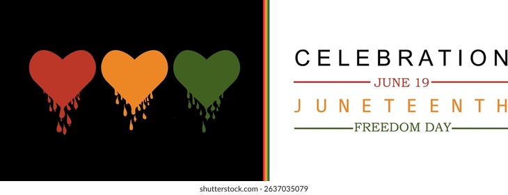 Modern Juneteenth banner with red, yellow, and green dripping hearts. Bold typography celebrates June 19 Freedom Day, honoring African American emancipation and cultural pride