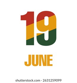 Modern Juneteenth date illustration with bold '19 June' typography in red, yellow, and green flag palette, ideal for digital campaigns and posters