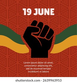 Modern Juneteenth frame template with African pride colors, power fist, and space for inserting personal photos for social media, flyers, or digital campaigns