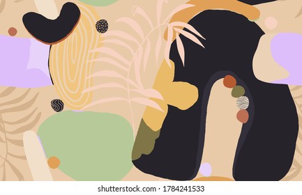 Modern jungle plants illustration pattern. Pastel-colored contemporary floral seamless pattern. Fashionable template for design.