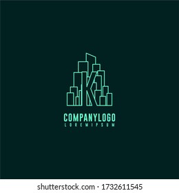 Modern K logo letter with building in outline style in green color design concept