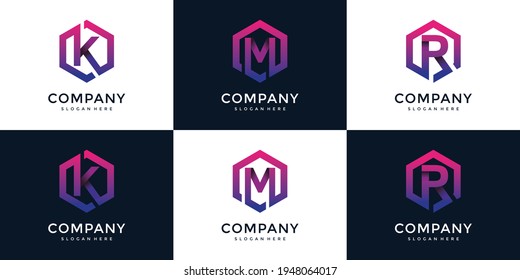 Modern K, M, R with hexagon logo design template