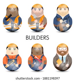 Modern kawaii dolls for your business project. Multiracial. Builders. Vector.