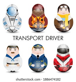 Las muñecas kawaii modernas para su proyecto de negocios. Multiracial. Varios conductores de transporte. Vector.