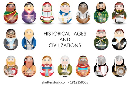 Las muñecas kawaii modernas para su proyecto de negocios. Multiracial. Edades y civilizaciones históricas. Ilustración del vector