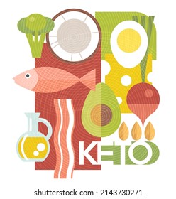 Modern Keto Diet Design With Geometric Collage Of Keto Friendly Foods. Ketogenic Diet For Healthy Weight Loss. Vector Illustration For Social Media, Banners, Posters And Covers. 