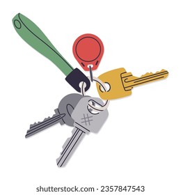 Modern key bunch. Real estate property entrance keys with keychain and plastic tag, door keys with keyring flat vector illustration. Apartment keys