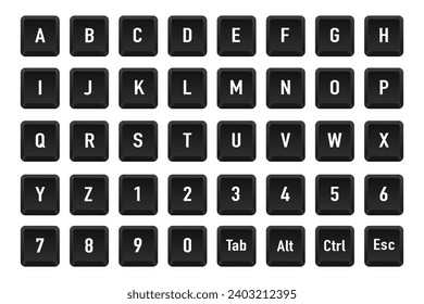 Modern key buttons for pc. Black keyboard, isolated on white background. Command set icons. Computer keyboard button set. Icons of control, alt, alphabet, numbers, escape. Vector illustration