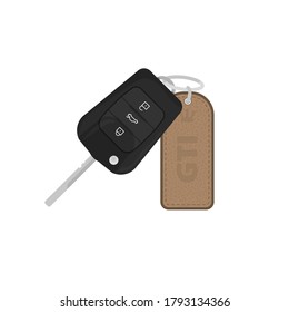 Modern key for car with leather trinket with text and leather texture. Alarm remote control. Auto lock security key vector illustration. Realistic automobile keys.