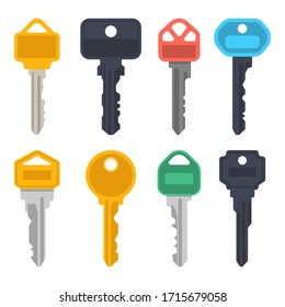 Modern keys icons, house door lock or car keys with color heads, vector isolated icons set. Modern keys from keylock of silver metal or brass with keychain holes, real estate and security symbols