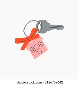Modern keys with Keychains. Keyholder. Home rental, buying property, real estate. Sharing apartment service. Home purchase deal sale, mortgage loan. Hand drawn flat cartoon Vector illustration. 