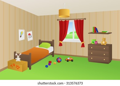 Modern kid room beige toys green bed orange pillow window illustration vector