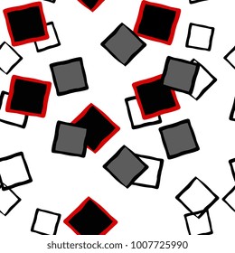 Modern kids b&w seamless pattern with colored square. Hand drawn graphic black white red green cute minimalistic  cartoon elements on white background. Endless grafic abstract textile print for office