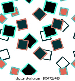 Modern kids b&w seamless pattern with colored square. Hand drawn graphic black white red green cute minimalistic  cartoon elements on white background. Endless grafic abstract textile print for office