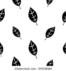 Modern kids b&w seamless pattern with plant leaf. Hand drawn graphic with black cute minimalistic scandinavian cartoon elements on white background