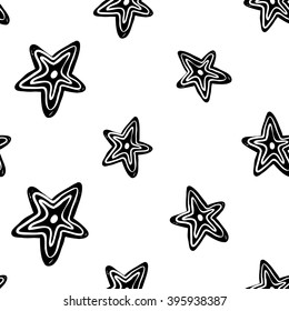 Modern kids b&w seamless pattern with line star. Hand drawn graphic with black cute minimalistic scandinavian cartoon elements on white background