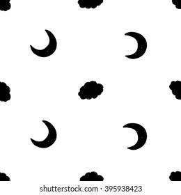 Modern kids b&w seamless pattern with cloud, new moon. Hand drawn graphic with black cute minimalistic scandinavian cartoon elements isolated on white background