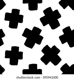 Modern kids b&w seamless pattern with cross. Hand drawn graphic with black cute minimalistic scandinavian cartoon elements on white background