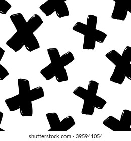 Modern kids b&w seamless pattern with x. Hand drawn graphic with black cute minimalistic scandinavian cartoon elements on white background