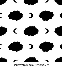 Modern kids b&w seamless pattern with cloud, new moon. Hand drawn graphic with black cute minimalistic scandinavian cartoon elements isolated on white background