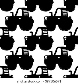 Modern kids b&w seamless pattern with tractor. Hand drawn graphic with black cute minimalistic scandinavian cartoon elements on white background