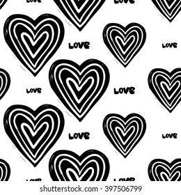 Modern kids b&w seamless pattern with love, line heart. Hand drawn graphic with black cute minimalistic scandinavian cartoon elements isolated on white background