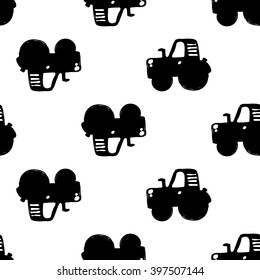 Modern kids b&w seamless pattern with tractor. Hand drawn graphic with black cute minimalistic scandinavian cartoon elements on white background