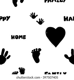 Modern kids b&w seamless pattern with family, home, happy, handprint, footprint, heart. Hand drawn graphic with black cute minimalistic scandinavian cartoon elements isolated on white background