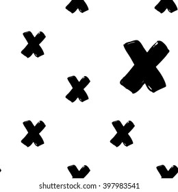 Modern kids b&w seamless pattern with x. Hand drawn graphic with black cute minimalistic scandinavian cartoon elements on white background