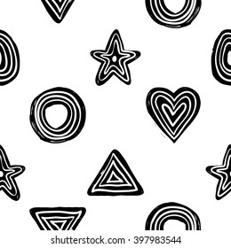 Modern kids b&w seamless pattern with line egg, pyramid, line star, line circle, line heart. Hand drawn graphic with black cute minimalistic scandinavian cartoon elements isolated on white background