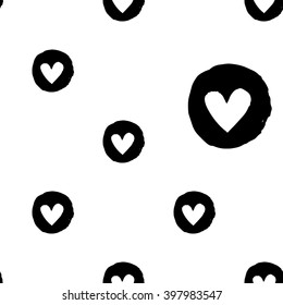 Modern kids b&w seamless pattern with circle heart. Hand drawn graphic with black cute minimalistic scandinavian cartoon elements on white background