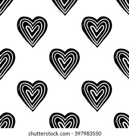 Modern kids b&w seamless pattern with line heart. Hand drawn graphic with black cute minimalistic scandinavian cartoon elements on white background