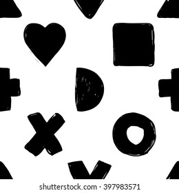 Modern kids b&w seamless pattern with square, cross, half moon, triangle, dot, heart. Hand drawn graphic with black cute minimalistic scandinavian cartoon elements isolated on white background