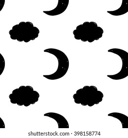 Modern kids b&w seamless pattern with cloud, new moon. Hand drawn graphic with black cute minimalist Scandinavian cartoon elements isolated on white background