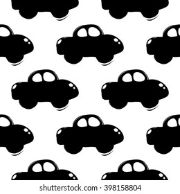 Modern kids b&w seamless pattern with car or vehicle. Hand drawn graphic with black cute minimalist Scandinavian cartoon elements on white background