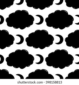 Modern kids b&w seamless pattern with cloud, new moon. Hand drawn graphic with black cute minimalist Scandinavian cartoon elements isolated on white background
