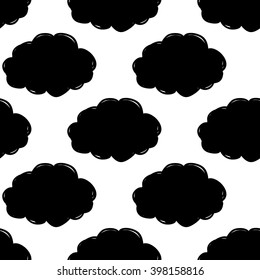 Modern kids b&w seamless pattern with cloud. Hand drawn graphic with black cute minimalist Scandinavian cartoon elements on white background