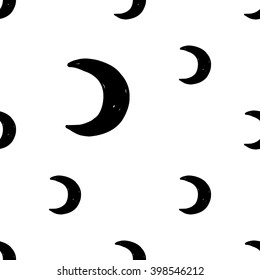 Modern kids b&w seamless pattern with new moon. Hand drawn graphic with black cute minimalistic scandinavian cartoon elements on white background
